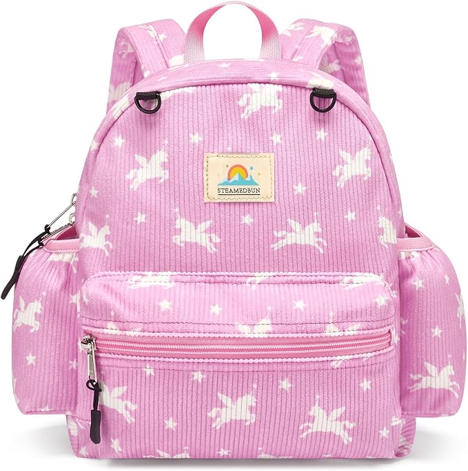 STEAMEDBUN Corduroy Toddler Backpack for Girls 2-4: Kids backpack for Boys Girls - 12 inch Preschool Kindergarten Backpacks - Pink Unicorn
