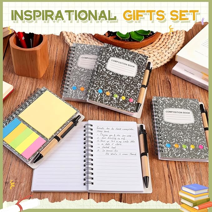 Dunzoom 24 Sets Spiral Notebook Bulk, Steno Pads Lined Notepad with Pen, Sticky Notes Colored Index Tabs, 5.2" x 4.1" Pocket Notebook for Home Business Office Supplies, 60 Sheets (Morandi)