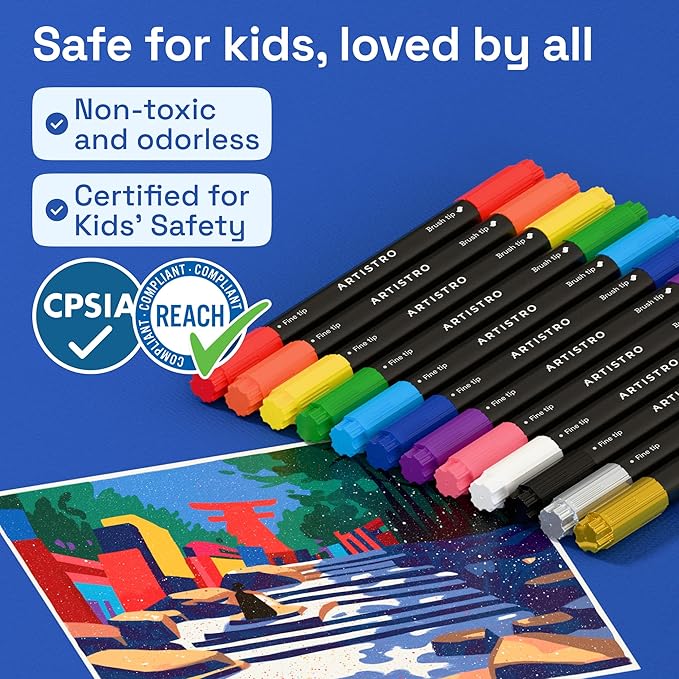 ARTISTRO 12 Acrylic Paint Markers - Paint Pens for Drawing, Brush + Fine Tips - For Fabric, Rock, Glass, Wood, DIY - Art & Craft Supplies for Adults, Teens, Kids - Teacher Appreciation Gift