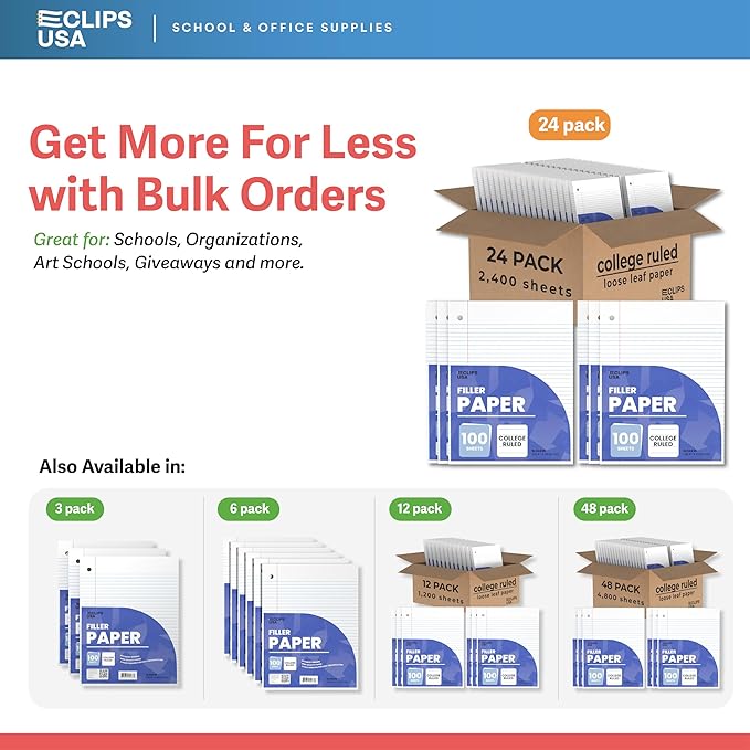 Loose Leaf Paper College Ruled Notebook Paper College Ruled Lined Writing Filler Paper 10.5” x 8” 2400 Sheets 100 Sheets Per Pack 60 gsm (24 Pack)