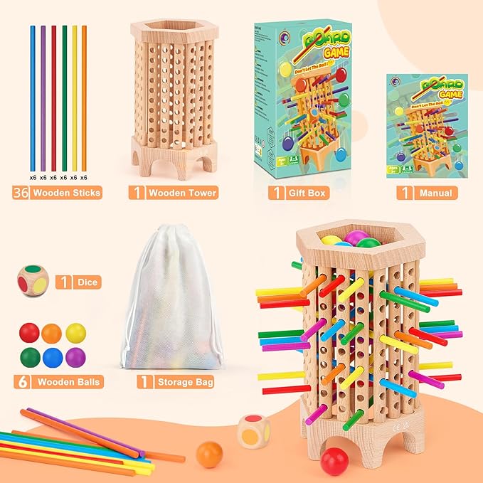 Centtechi Montessori Game Wooden Board Games for Kids 4-6-8, 36 Colorful Stick Math Educational Toys for 3 4 5 6 Year Olds, Classic Fun Dice Games for Family Game Night 2-6 Players