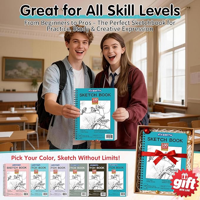 FIXSMITH 9"X12" Teal Sketch Book, 400 Sheets (68 lb/100gsm) Spiral Sketchbook, Acid Free Drawing Paper, Sketch Pad for Beginners,Artists & Professionals, Bright White