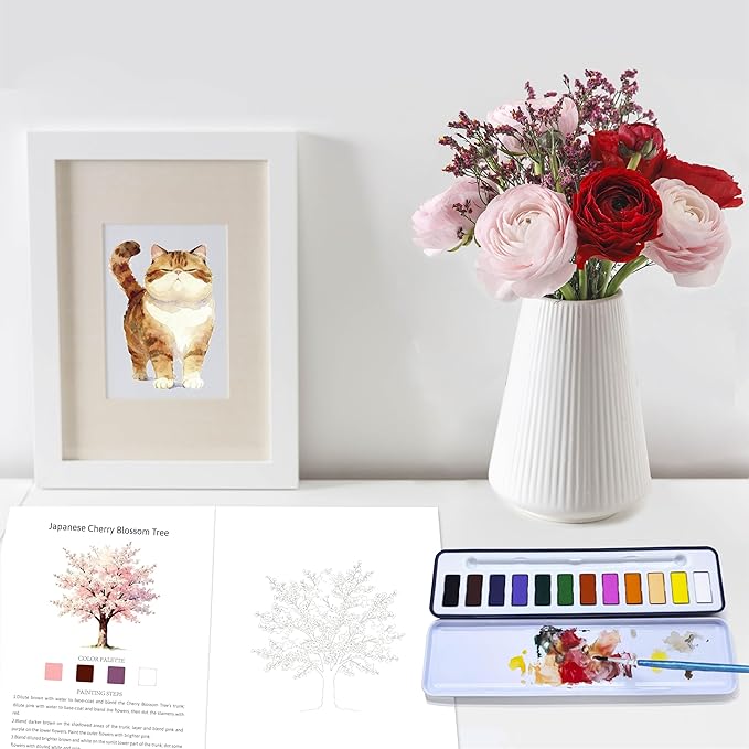 CraftyManor 2Pcs Watercolor Workbook Creative Water Color Paint Book Set with Paints & Brush, 12 Patterns of Original DIY Designs, Beginner-Friendly Adult Coloring Books(Cat & Tree)