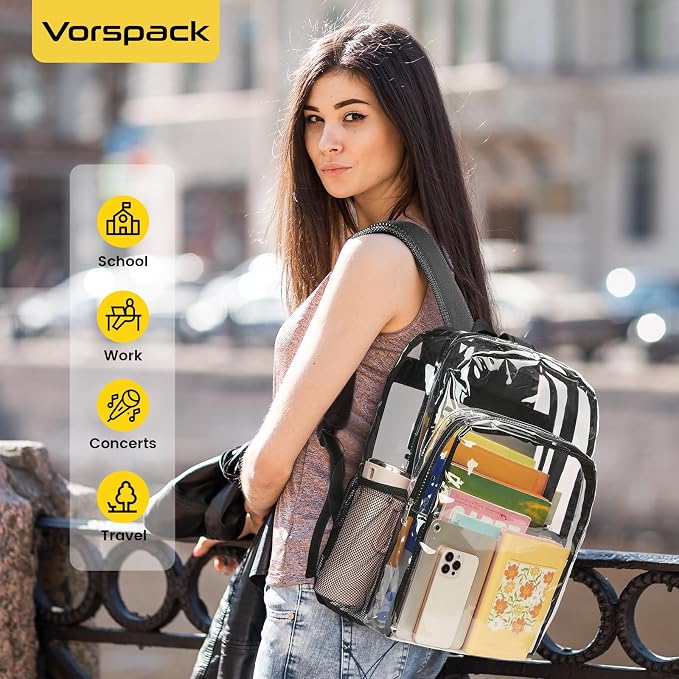 Vorspack Clear Backpack Heavy Duty - Transparent See Through Backpacks Extra Large Clear Bookbag for College Work Travel - Black