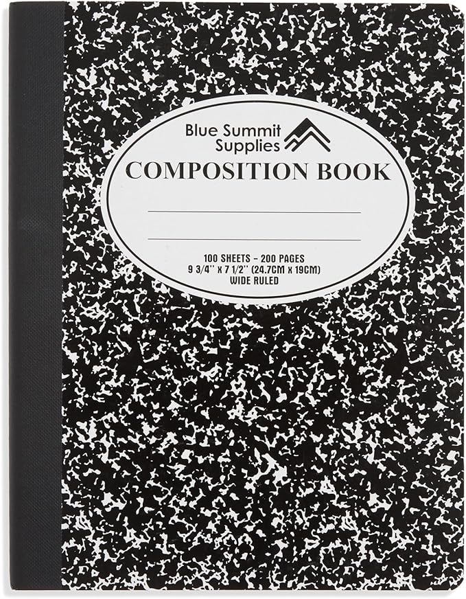 Blue Summit Black Composition Notebook, Black and white Composition Notebook Wide Ruled, Marble, 100 Sheets per Book, 12 Pack