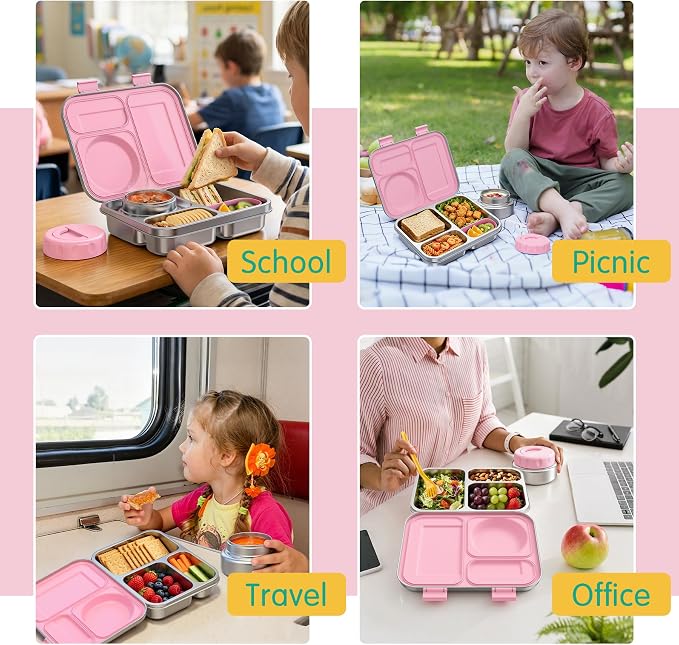 Stainless Steel Bento Box Kids Adult with 8oz Soup Thermo, 3 Compartments Metal Bento Lunch Box with Insulated Food Jar,Lunch Box Container Sauce Cup for School,BPA-Free(Pink)
