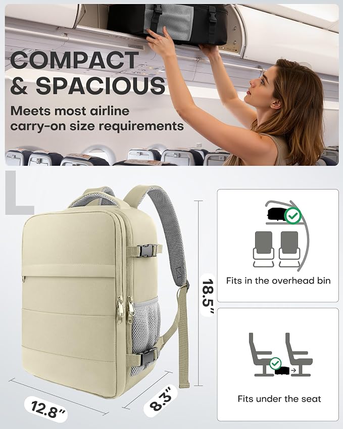 HOTOR Travel Backpack Flight Approved Bag Men Women, Large Beige | TSA Carry on Luggage, 15.6inch Laptop, Casual Daypack Travel Essentials Nurse Bag for Work, Business, Weekender, College