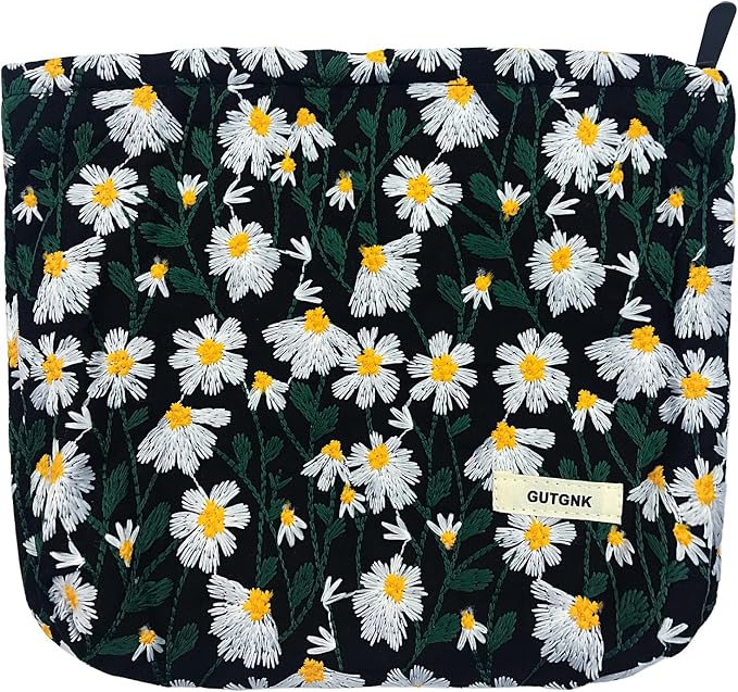GUTGNK Corduroy Ladies Cosmetic Bag, Large Capacity Canvas Cosmetic Bag Travel Toiletry Bag Accessories Organizer, Black Chrysanthemum