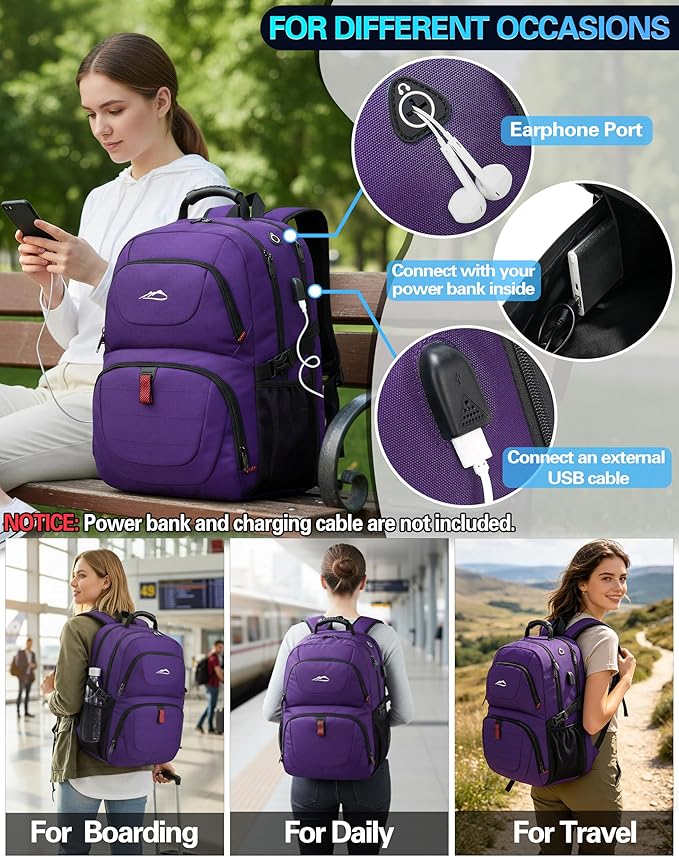 ProEtrade Travel Backpack, Extra Large Laptop Backpack Business Anti Theft TSA Approved College Work Computer Bag Fits 18.4 Inch Laptop with USB Charging Port for Women Men(Purple,L)