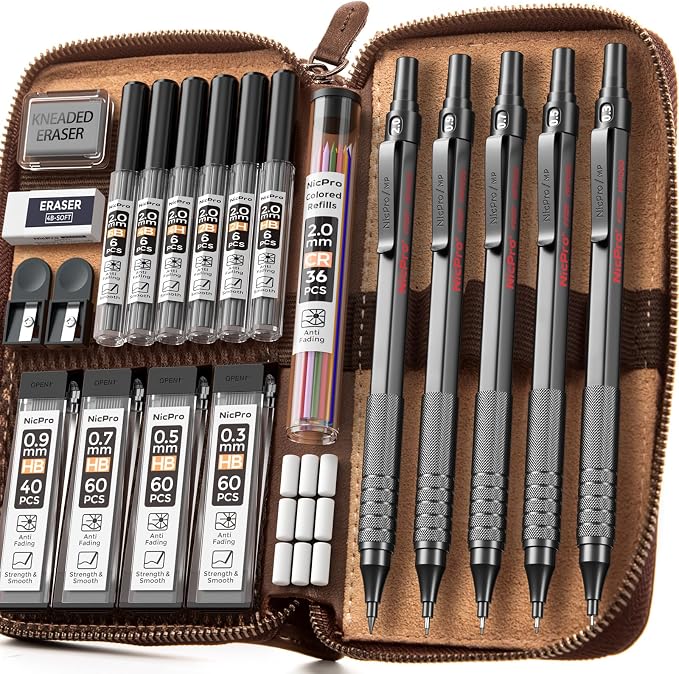 Nicpro 20PCS Black Metal Mechanical Pencil Set in Leather Case | Drafting Pencil 0.3/0.5/0.7/0.9/2mm Lead Holders, 9 Tube (4B 2B HB 2H Colors) Lead Refills, Erasers For Art Sketching Drawing
