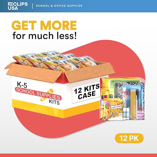 72 Piece Back to School Supplies Kit 12 Pack Bulk K-5 Kids School Supply Kit