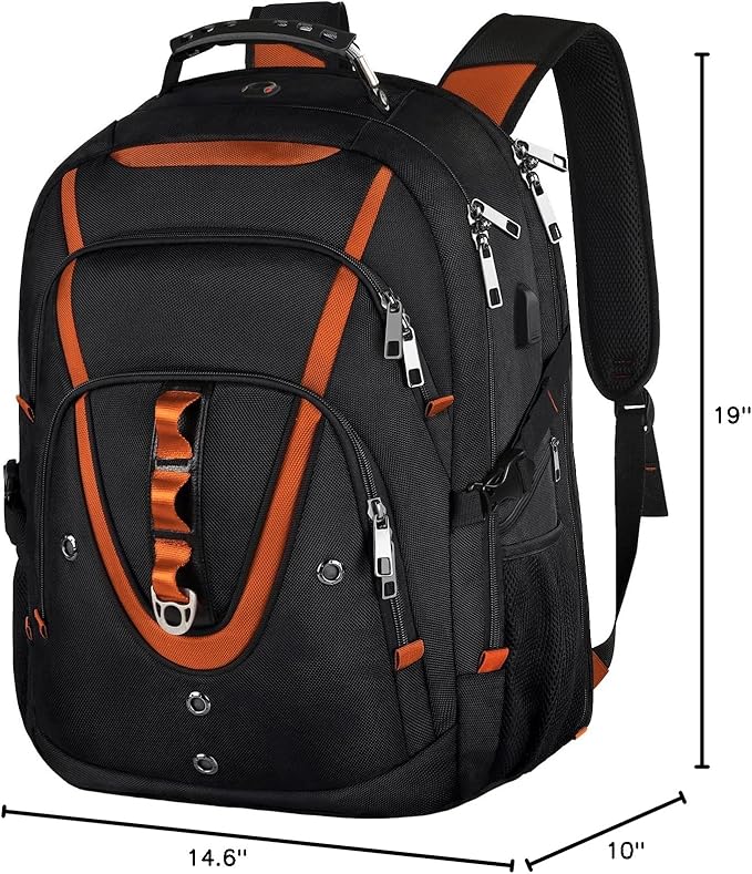 18.4 Laptop Backpack Women Men, 55L-60L Flight Approved Extra Large Travel Backpack RFID Anti Theft and TSA Friendly Backpack, Water Resistant College School Heavy Duty, Orange