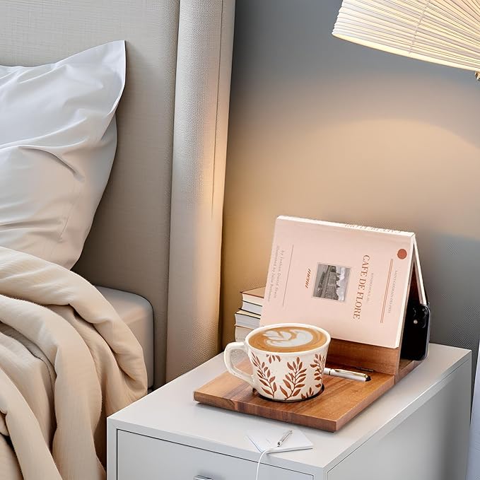 Book Nook Reading Valet with Cup Holder, Wooden Book Stand Coffee Holder for Page Rest, Triangle Rest Stand Valet for Nightstand Desktop Bedside, Christmas Birthday Gifts for Readers (Modern)