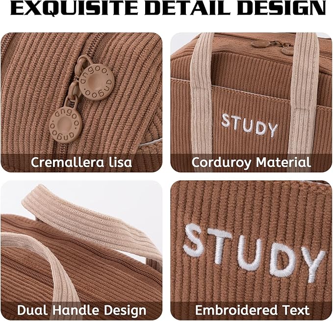 EASTHILL Corduroy Hand-held Pencil Case Large Cute Pencil Pouch Stationery Pen Bag for Teen Girls-Brown