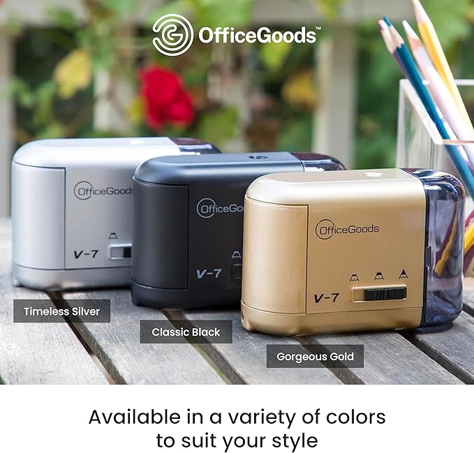 OfficeGoods Electric Pencil Sharpener - Battery or Cord Powered Portable Sharpener - Perfectly Sharpens Colored Pencils, Drafting Pencils for Kids, Adults, Office, School and Home - Silver