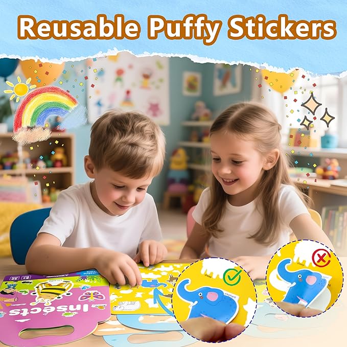 Reusable Sticker Books for Toddlers 1-3, Puffy Stickers Book for Kids Ages 2-4, Toddler Travel Essential Activities Toys for Boys Girls Birthday Christmas - Animal, Ocean and Insect (3 Set)