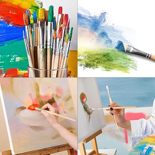 Amazon Basics Multi-shaped Polyester Paint Brushes for Acrylic, Oil, Watercolor, Gouache, Fine Detailing, Face Painting, 24 Count Different Sizes, Wood Color
