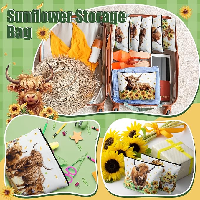 Reginary 12 Pcs Highland Cow Makeup Bags Sunflower Cow Cosmetic Bags with Zippers Floral Pouch Bulk Appreciation Gifts for Mom Women Teacher Graduation Summer Wedding Birthday Travel Party Supplies