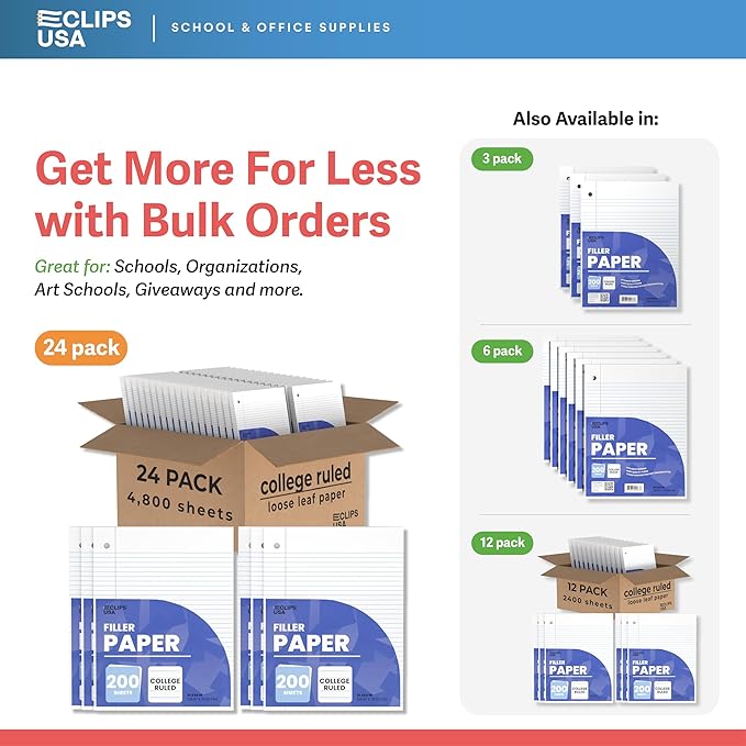 Loose Leaf Paper College Ruled Notebook Paper College Ruled Lined Writing Filler Paper 10.5” x 8” 4800 Sheets 200 Sheets Per Pack 60 gsm (24 Pack)