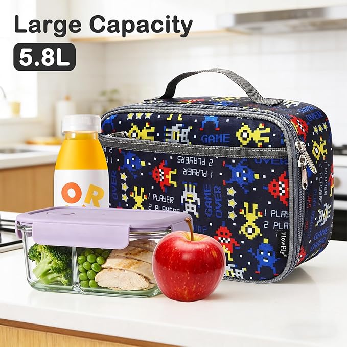FlowFly Kids Lunch box Insulated Soft Bag Mini Cooler Back to School Thermal Meal Tote Kit for Girls, Boys, Robot