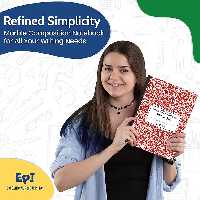48 Pack - EPI Wide Ruled Marble Composition Notebook - Red 200 Page Note Book - 9.75 x 7.5 Inch Hardcover Journal with Sewn Binding for Secure Pages - Classroom Back to School Supplies