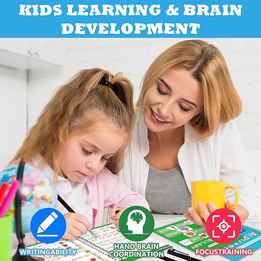 Magic Grooved Writing Practice Book for Kids Ages 3–8, 6 Reusable Handwriting Practice Books with 6 Pens, 12 Refills, 3 Soft Grips, Preschool Learning Activities Gifts for Boys and Girls