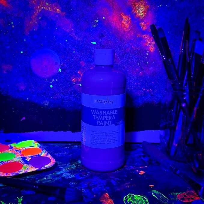 Handy Art Washable Tempera Paint, Fluorescent Violet, 16 oz Bottle, Bright & Mixable, High Opacity, Glows UV Neon with Blacklight, Students, Kids, Young Artists, Safe & Non-Toxic, Made in USA