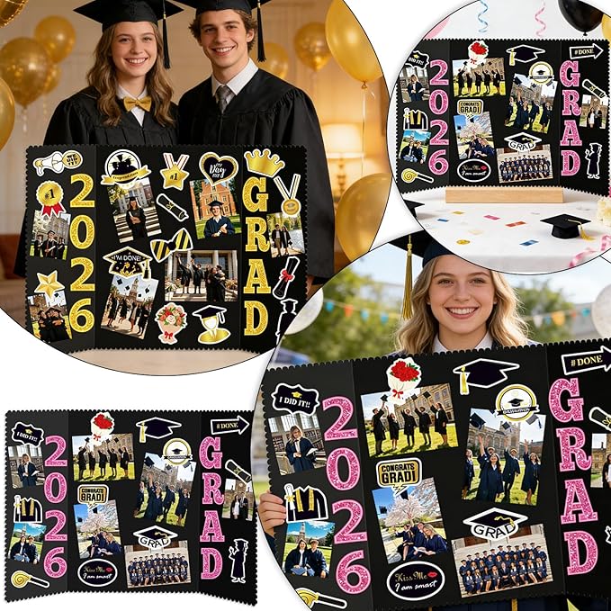 Graduation Photo Display Board - 4 Set Trifold Poster Board for Graduation Party, Colorful Folding Picture Presentation Frame for Multiple Pictures Table Decor (24x16 Inches)