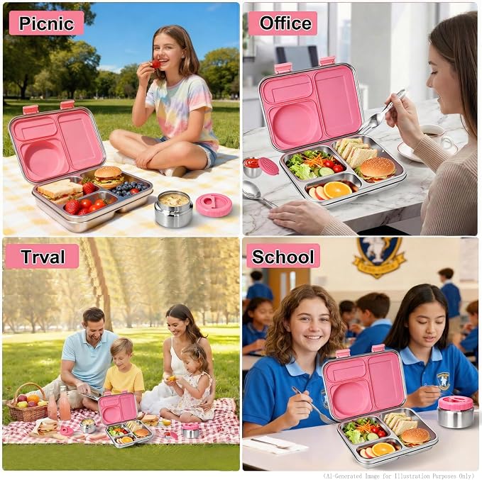 Stainless Steel Bento Lunch Box-8+ Older Kids,Teens & Adult with Insulated Food Jar,Leakproof 3-Compartment,BPA-Free, Eco-Friendly,Dishwasher Safe, Large-Capacity Box, School,Office,Travel (Pink)
