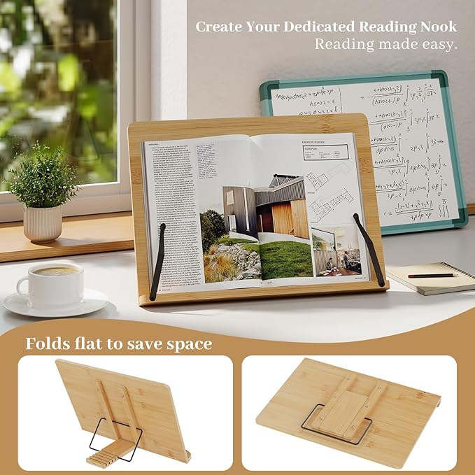 Large Bamboo Book Stand, Adjustable Book Holder, Music Stand - Lightweight and Stable for Cookbook, Textbook, Notebook, Desk Home Office Kitchen