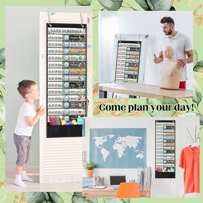 Chiisong Daily Schedule Pocket Chart, Boho 14+1 Pocket, with 40 Pcs Reusable Dry Eraser Cards Calendar for Classroom Toddler Schedule Chart Office Home Activity(Eucalyptus Style)