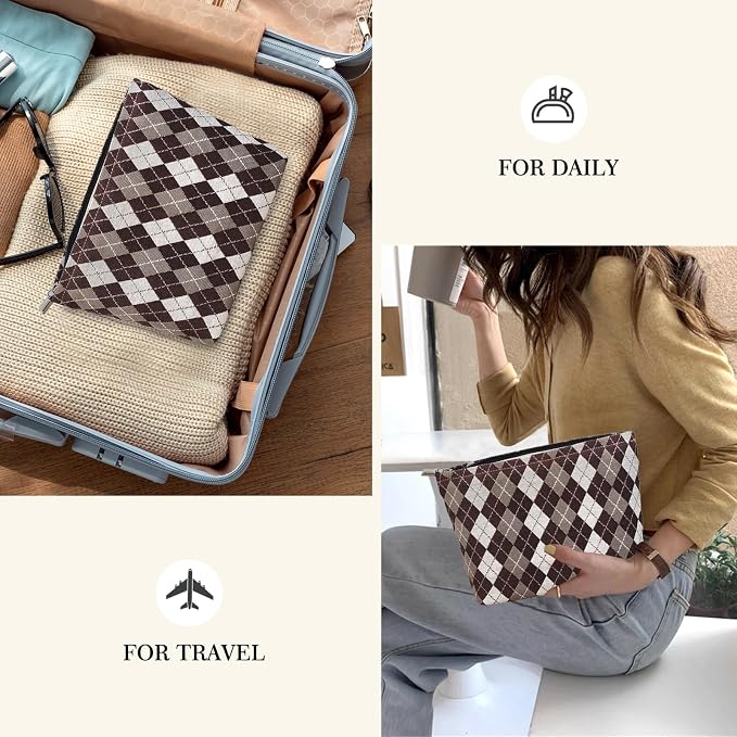 STARDW Checkered Makeup Bag Cosmetic Travel Bag, Toiletry Bag for Women | Canvas Lined Makeup Pouch for Skincare, Brushes, Toiletries & Travel Essentials, Cute Purse Organizer Pouches with Zipper