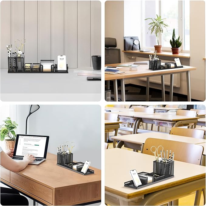 SUPEASY Pen Holder for Desk, 6 Piece Mesh Desk Organizer Set for Office Organization with Phone Holder, Sticky Notes Caddy Storage for Classroom, School (Black)