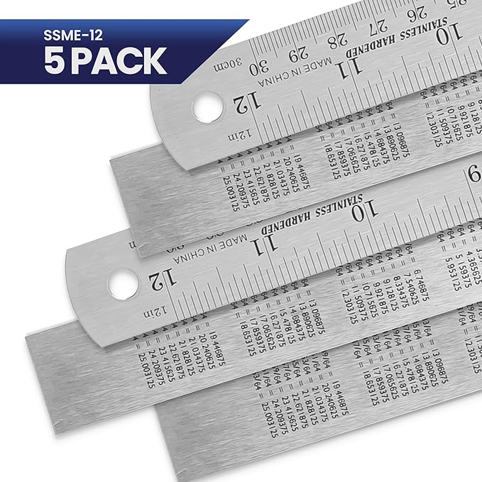 5 Pack | Pacific Arc, 12 Inch Stainless Steel Ruler with Inch/Metric Conversion Table