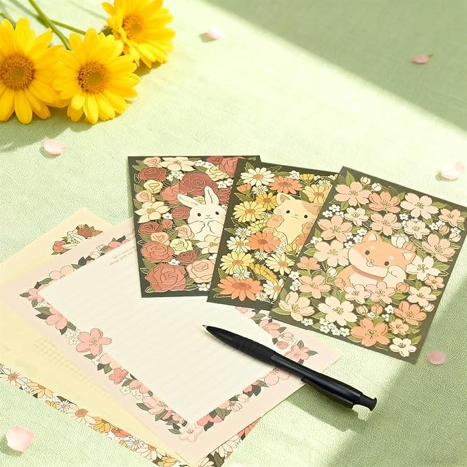 48 Pcs Stationery Paper Envelopes Set Includes 24 Lined Writing Paper & 12 Envelopes with 12 Stickers, Cute Cat Animal Love Letter Writing and Stationery Paper Envelopes(4Style)