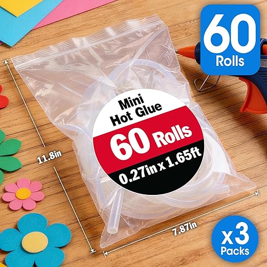 60 Pack Mini Hot Glue Stick Rolls, Each 1.65 FT Long x 0.27" Diameter Glue Sticks for Glue Gun, Perfect Fit for Mini Glue Guns, Widely Used in Wood, Metal, Glass, Plastic, Floral, Fabric, and More