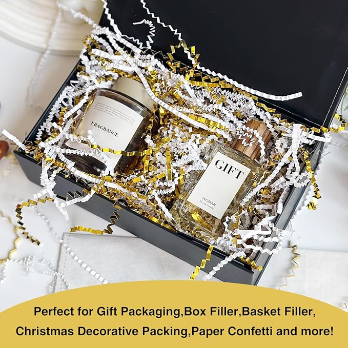 1LB Crinkle Cut Paper Shred Filler for Gift Box Bag and Basket On Holidays(Gold&White)