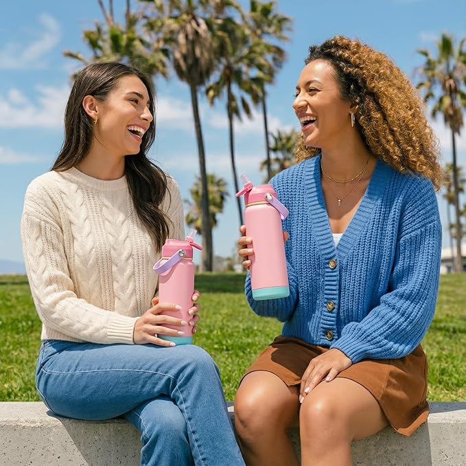 Fijinhom 24oz Insulated Stainless Steel Water Bottle, Wide Mouth Double Wall Vacuum, Silicone Straw, Sweat & Leak Proof, BPA Free Insulated Water Flask for Travel, Keep Cold 24h Hot 12h, Cherry