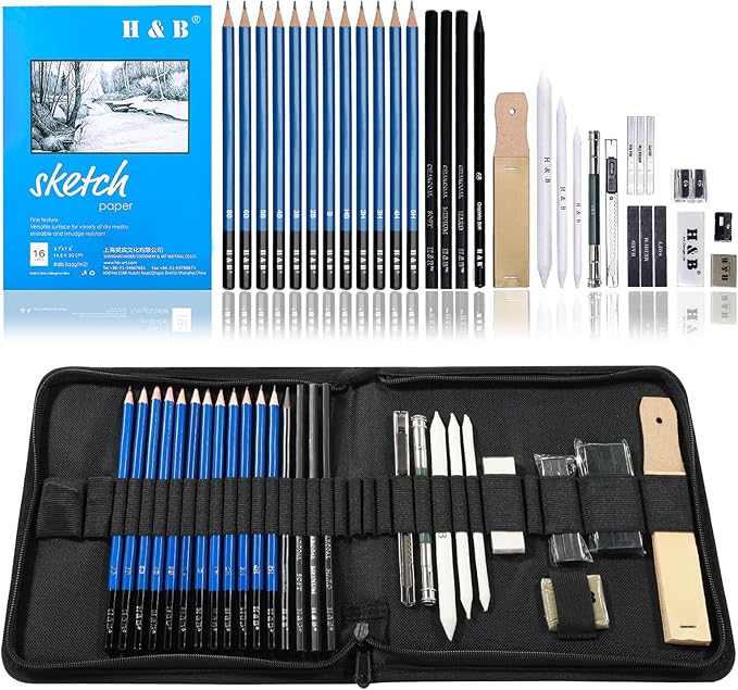 H & B 33 Pieces Drawing Pencils Set, Sketching Pencils Set & Drawing Kit, Includes Sketch Pad, Graphite Pencils, Charcoal Sticks and Eraser, Supplies for Artists/Beginner/Adults