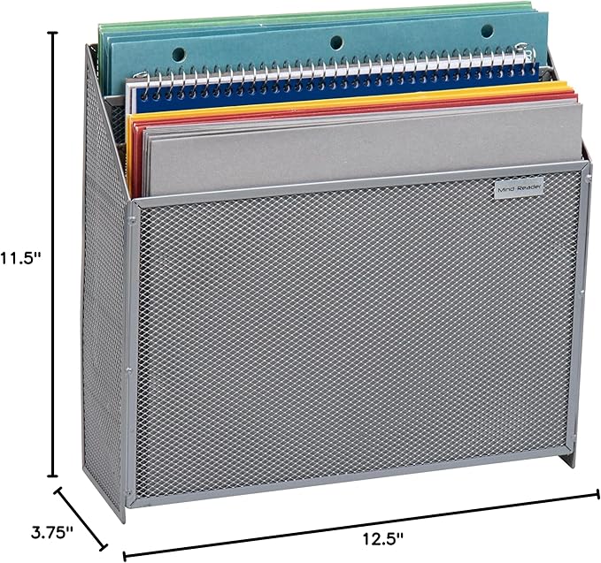 Mind Reader Vertical File Storage, Desktop Organizer, Wall Mount, Office, Metal Mesh, 12.5"L x 3.75"W x 11.5"H, Silver