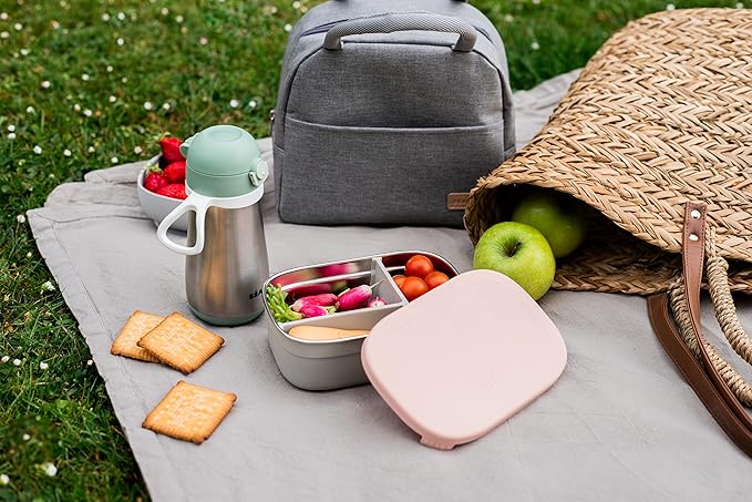Beaba Stainless Steel Lunch Box, Kids Lunch Box with Silicone Lid, Bento Style Food Containers, Removable Silicone Dividers Make 1-3 Compartments, Rose
