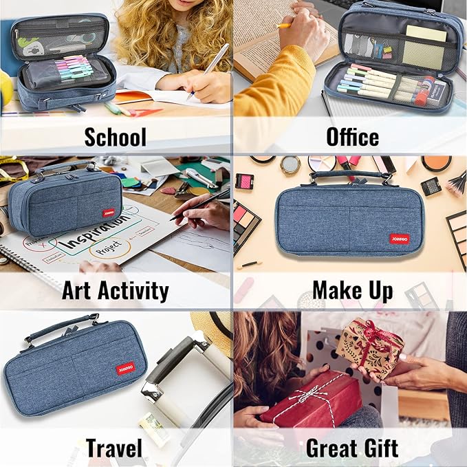 JOINPRO Large Capacity Pencil Case, 4 Compartment Pen Pouch Organizer with Double Zipper, Storage Bag for School, Office, Teen Girl Boy Men Women