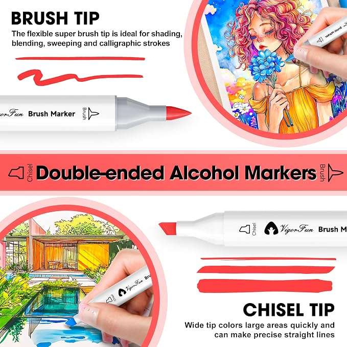 VigorFun Alcohol Markers Brush Tip, 122 Colors Dual Tip Brush & Chisel