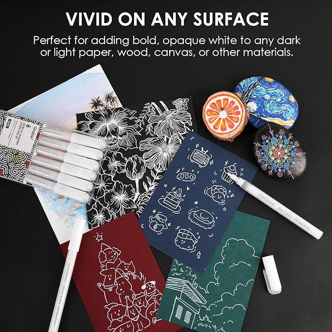 Grabie 6 White Acrylic Paint Markers, 0.7mm Extra Fine Tip Acrylic Paint Pens for Drawing, Coloring Books for Adults
