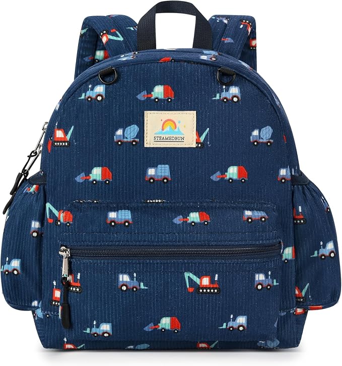 STEAMEDBUN Corduroy Toddler Backpack for Girls 2-4: Kids backpack for Boys Girls - 12 inch Preschool Kindergarten Backpacks - Blue Trucks