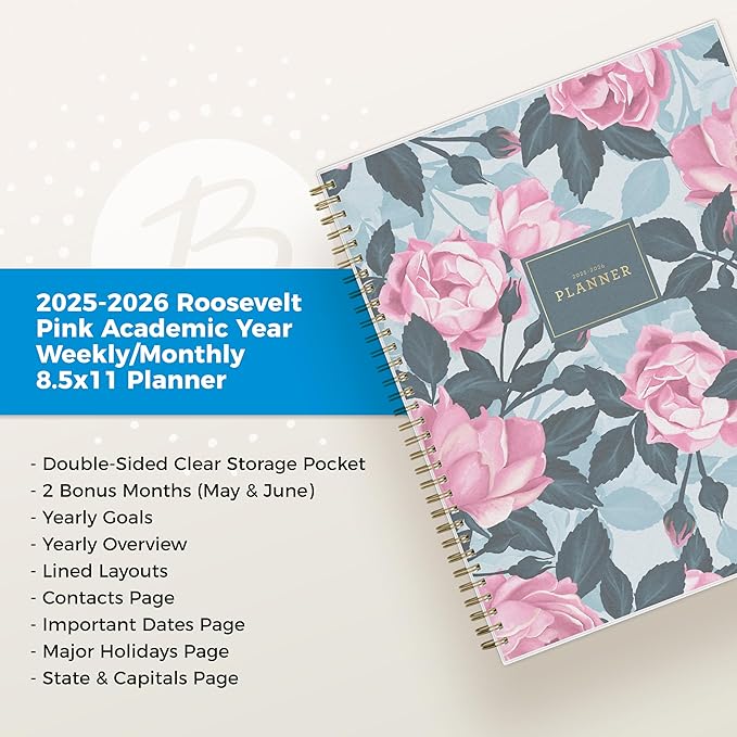 Blue Sky 2025-2026 Weekly and Monthly Academic Year Planner Calendar, July 2025 - June 2026, 8.5" x 11", Flexible Cover, Wirebound, Storage Pocket, Laminated Tabs, Roosevelt Pink