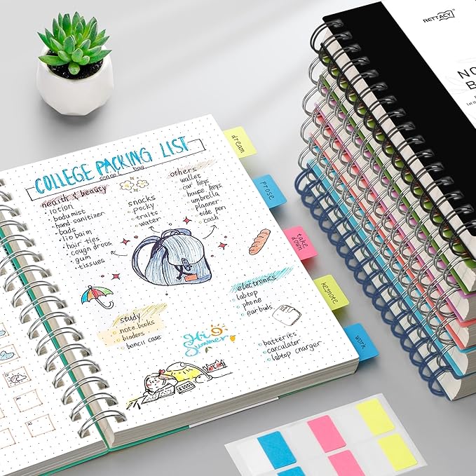RETTACY Dotted Journal Notebook, 300 Pages, B5 Medium Size (7.4'' × 10''), 100 GSM Thick Paper, Flexible Plastic Cover, Spiral-bound, for Journaling, Planning, Tracking (Black)