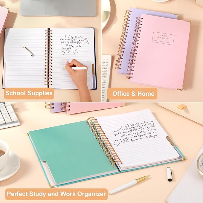 Yoment 2 Pack 5 Subject Notebook College Ruled, Hardcover Spiral Notebooks for Work School, B5 Multi Subject Notebook with Tabs Dividers, 240 Pages Lined Journal for Women Men, Pink&Pink