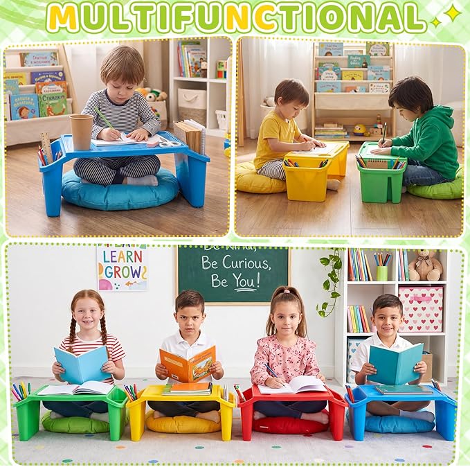Supervitae 16 Pcs Kids' Lap Desk and Classroom Floor Cushions Set, Including Stackable Lap Tray 19.7 x 14.8 x 7.7'' & Floor Pillow 16'' for Classroom Kindergarten Daycare Nursery (Classic Four Colors)