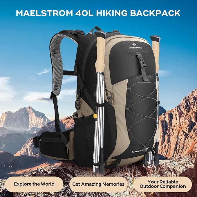 Maelstrom 40L Hiking Backpack, Lightweight Camping Daypack with Rain Cover | Water-Resistant Rip-Stop Nylon, Wet/Dry Separation, Multi-Pockets, Survival Whistle. Ideal For Men, Women, Travel, Trekking